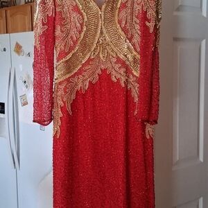 Ultra Dress Collection Red and Gold Beaded Backless Evening Gown